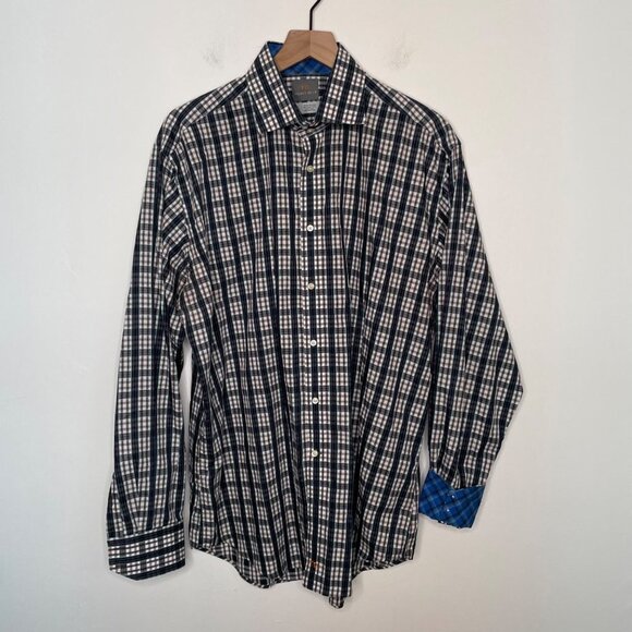 Thomas Dean Plaid Button‎ Up Shirt Size XL Cotton Contrast Cuff - Picture 1 of 7